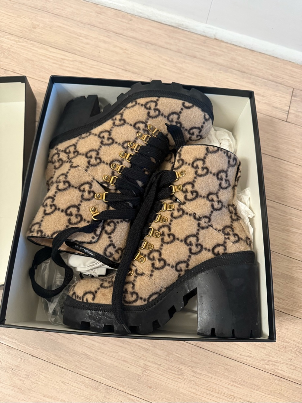 Gucci Beige GG Logo Wool Lace-Up Ankle Boots with Black Trim